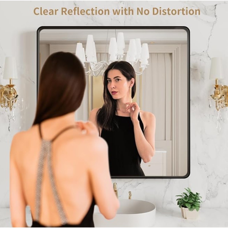 LOAAO 38x38 Inch Black Bathroom Mirror Metal Framed