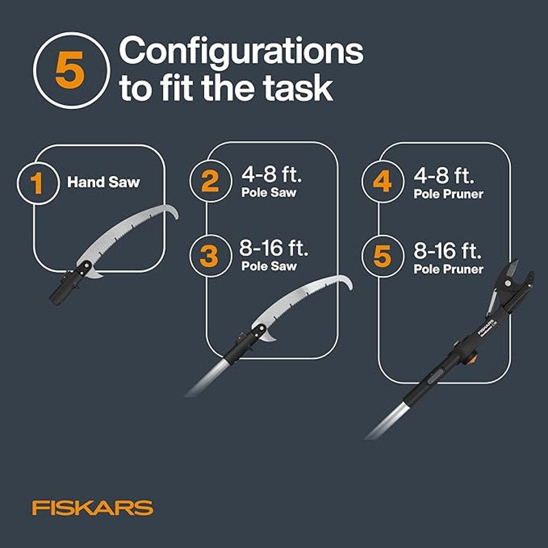 Fiskars XtendControl 16'Tree Pruner Kit with Rotating Head, 15"X3 Double-Hooked Saw, Lightweight Al