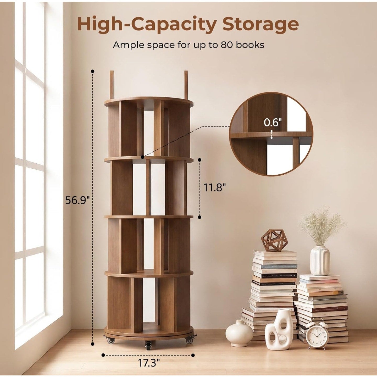 Kryonix Rotating Bookshelf, Solid Wood 4 Tier Spinning Book Shelf Tower, 360° Revolving Bookcase