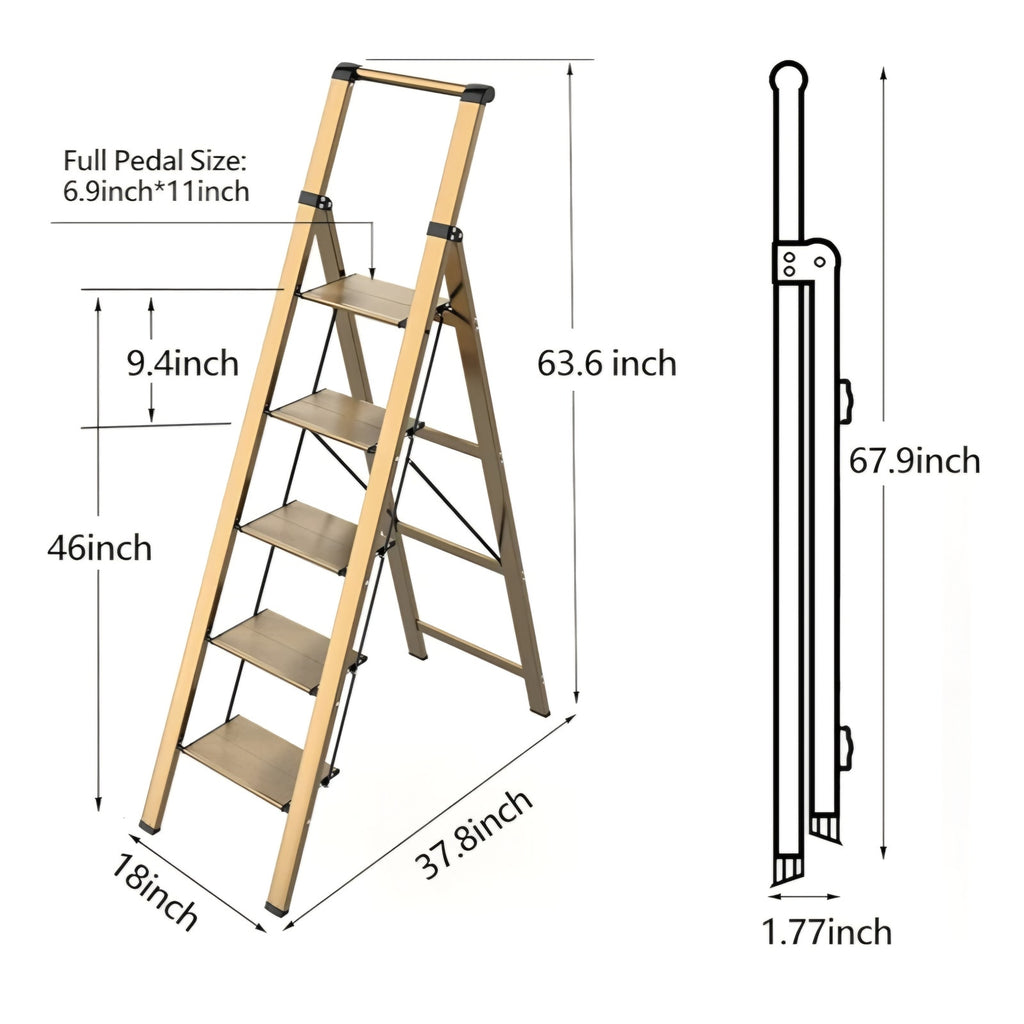 5 Step Ladder, Folding Step Stool, Lightweight Aluminum Foldable Ladder for 10 Foot High Ceiling