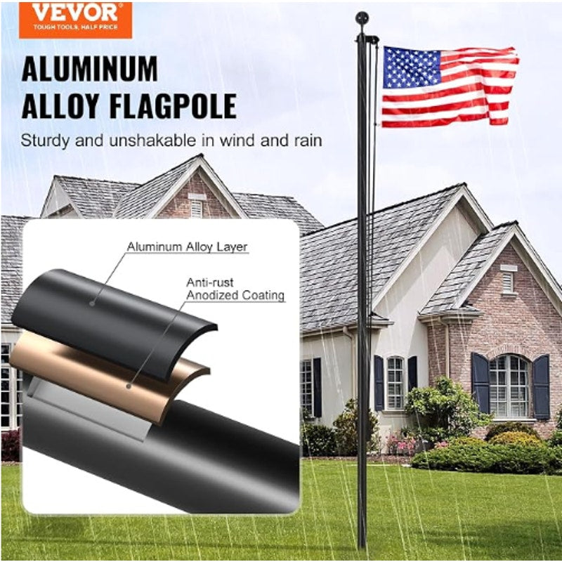 VEVOR 20FT Sectional Flagpole Kit, Heavy Duty Aluminum Alloy in Ground Poles for Outside