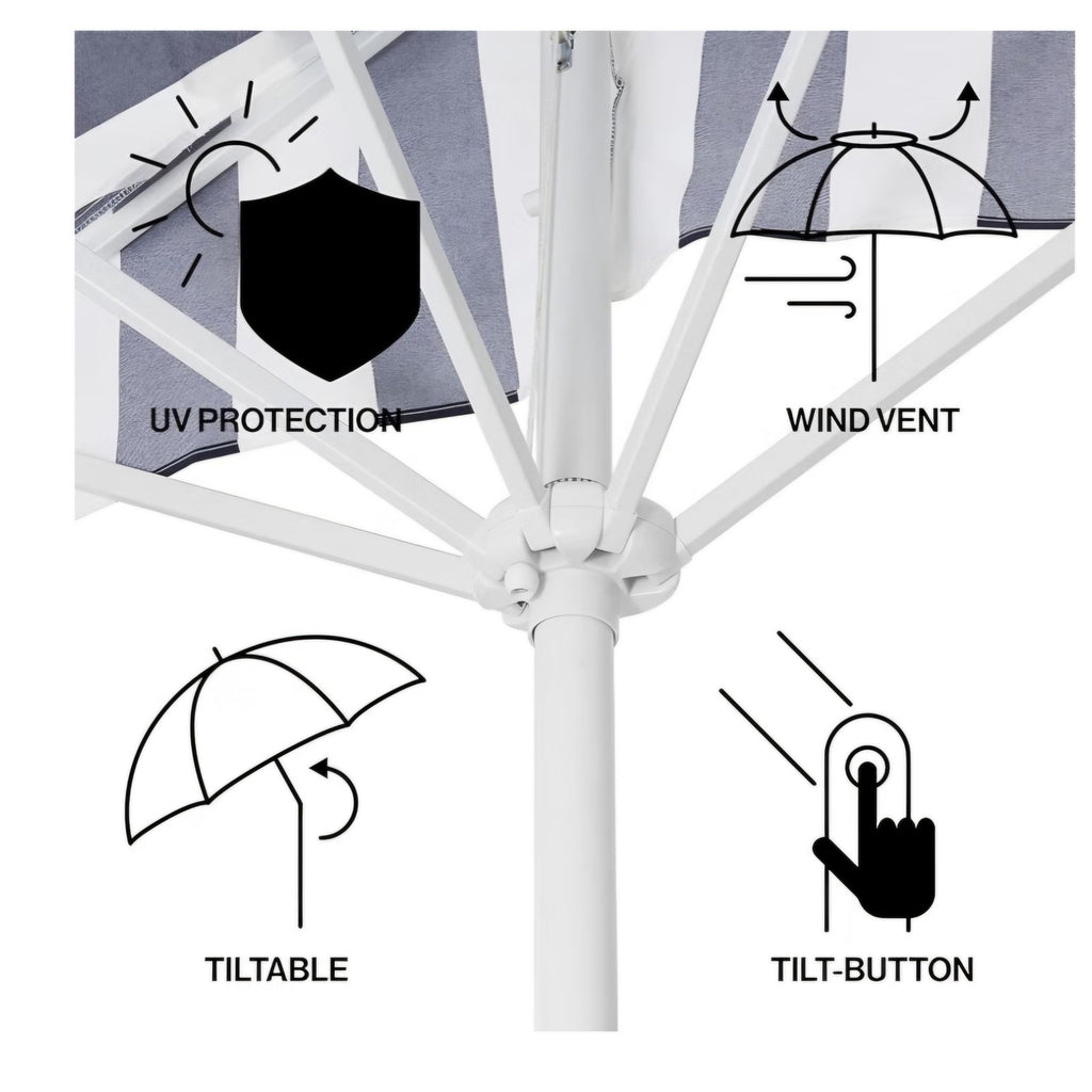 JONATHAN Y Beverly 9 ft. Coastal Navy and White Striped Half Patio Umbrella with Scalloped Fringe