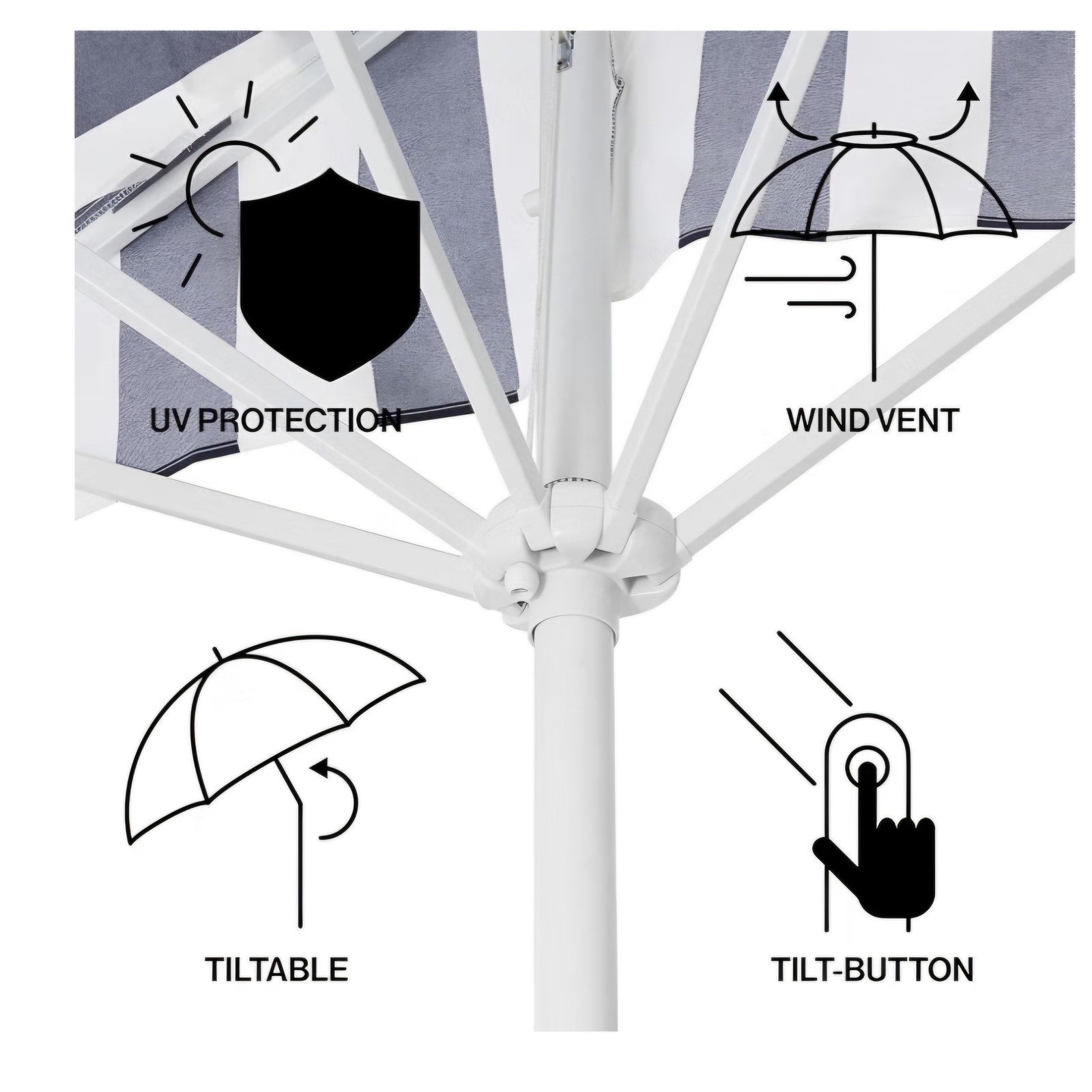 JONATHAN Y Beverly 9 ft. Coastal Navy and White Striped Half Patio Umbrella with Scalloped Fringe