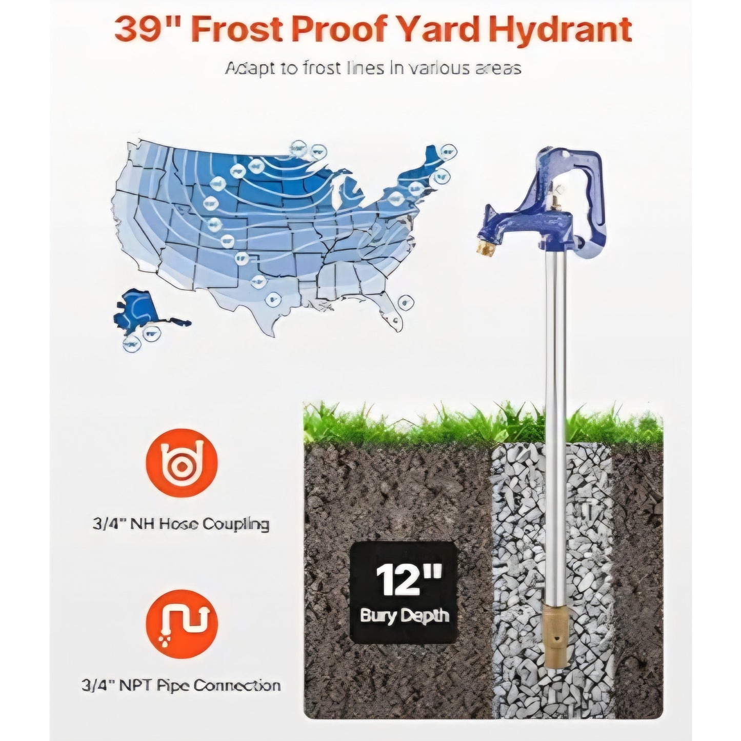 VEVOR Frost Proof Yard Hydrant, 3.25FT Freeze-Proof Outdoor Faucet with 12" Bury Dept, 3/4" NPT Pip