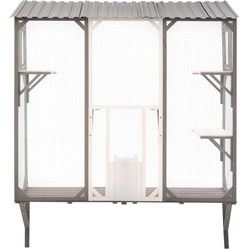 Window Mounted Cat Enclosure Outdoor Catio with 4 Platforms, Wooden, Wire Mesh, Grey & White