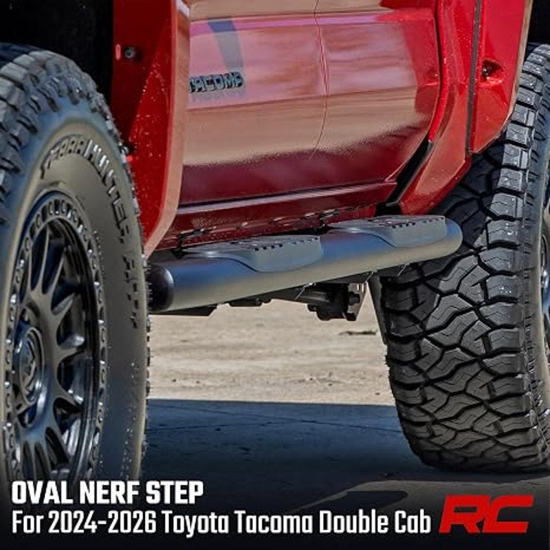 Rough Country Oval Nerf Steps for Toyota Tacoma Double Cab (2024-2026) - OEM Style Rails. Black