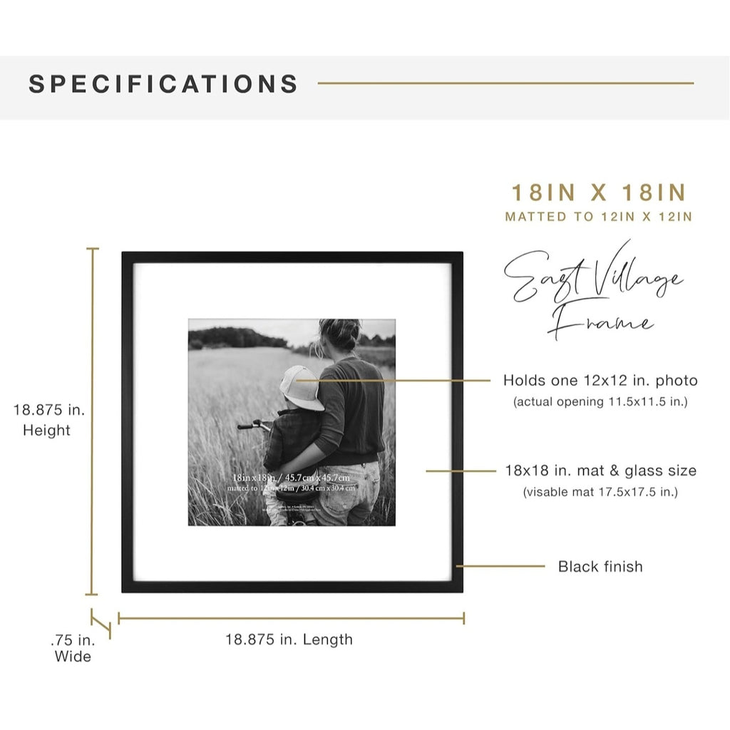 MCS East Village 18x18 Matted Square Picture Frame with 12x12 Photo Display, Black Wall Hangi