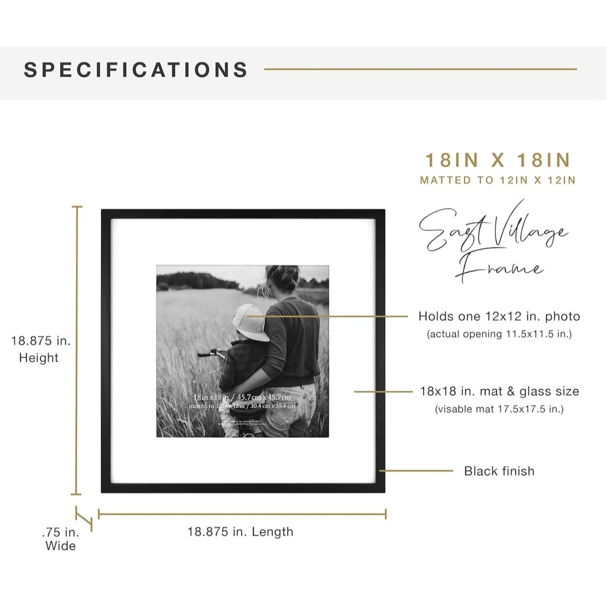 MCS East Village 18x18 Matted Square Picture Frame with 12x12 Photo Display, Black Wall Hangi