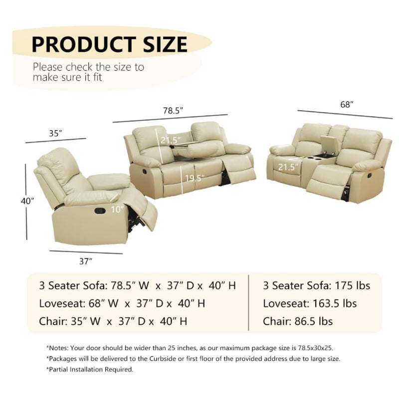 Manual Recliner Sofa, Luxury 3 Seat Reclining Sofa, Recliner Couch with Cup Holders & Coffee Table