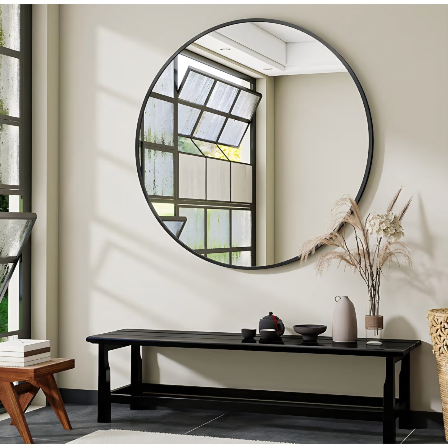 VooBang Large Black Round Bathroom Mirror, 45 inch Circle Wall Mounted Hanging