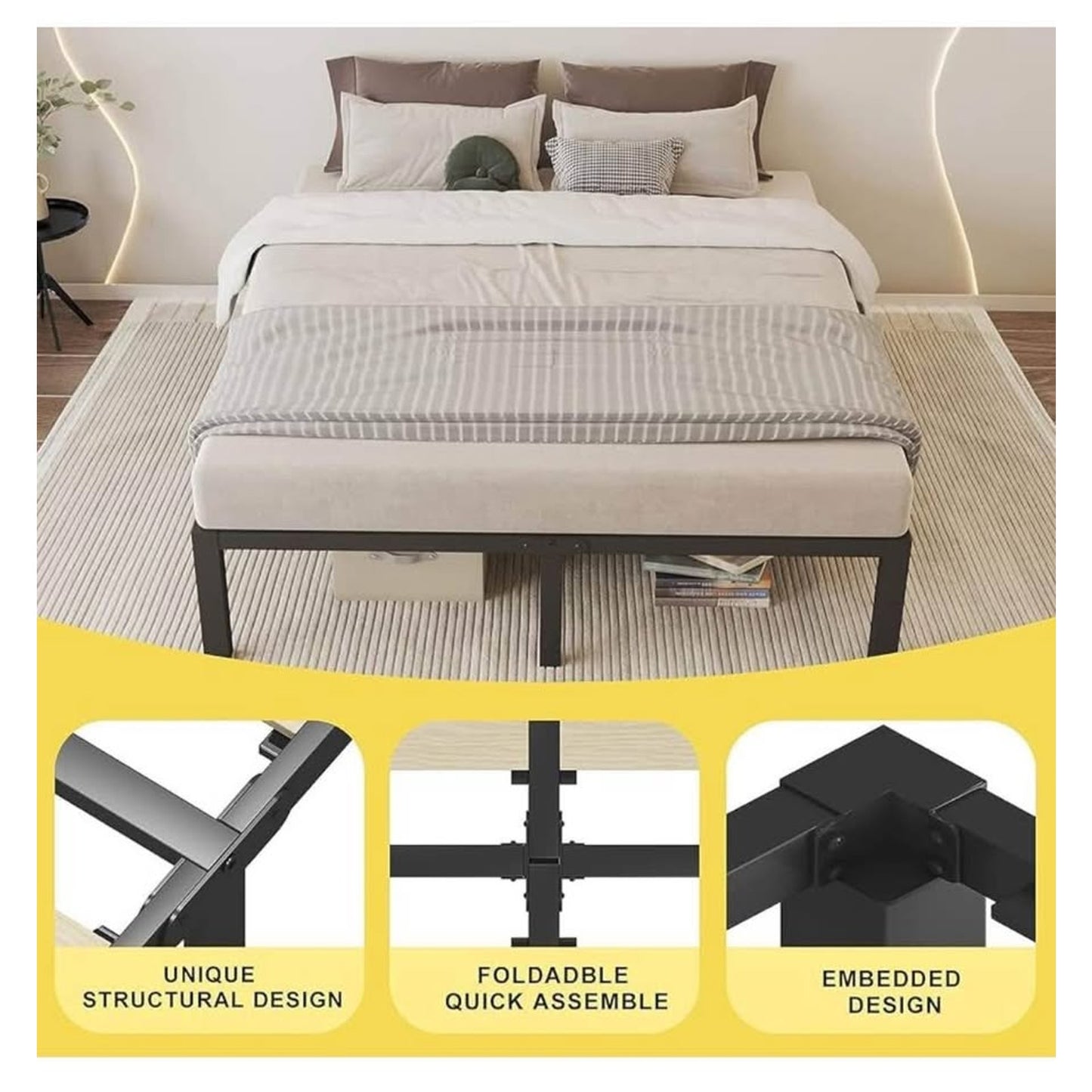 ROIL 14 inch Queen Size Bed Frame with Wood Slats - 3500lbs Heavy Duty No Box Spring Needed Platform