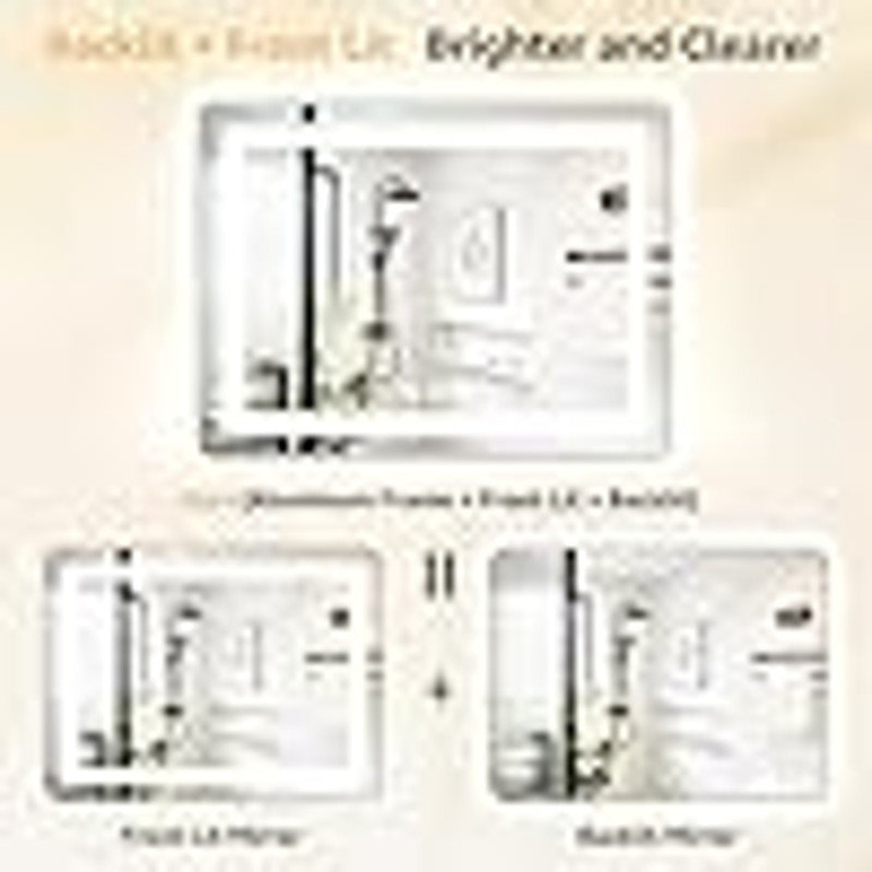 60" x 40" LED Bathroom Mirror with Backlit & Frontlit, Dimmable 3-Color Lights, Black Frame