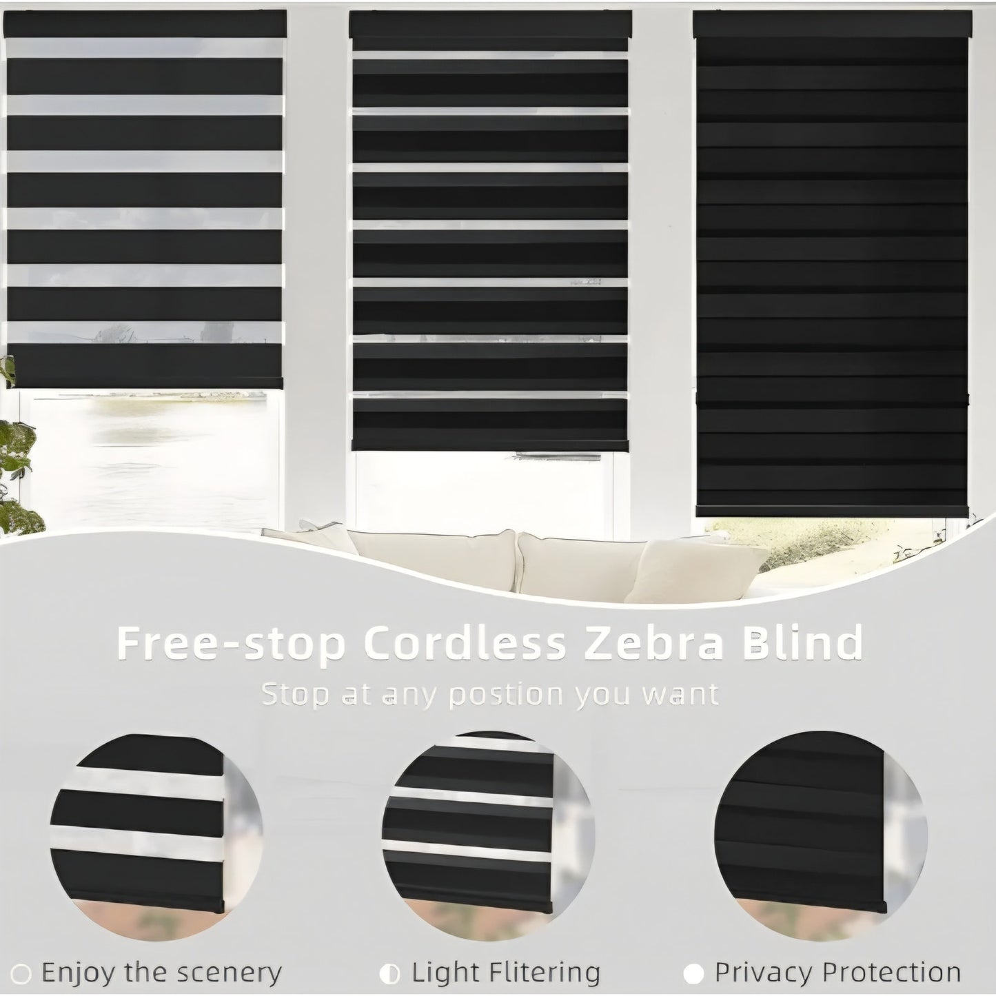 ChrisDowa Cordless Zebra Blinds for Windows (72" W x 72" H, Black)