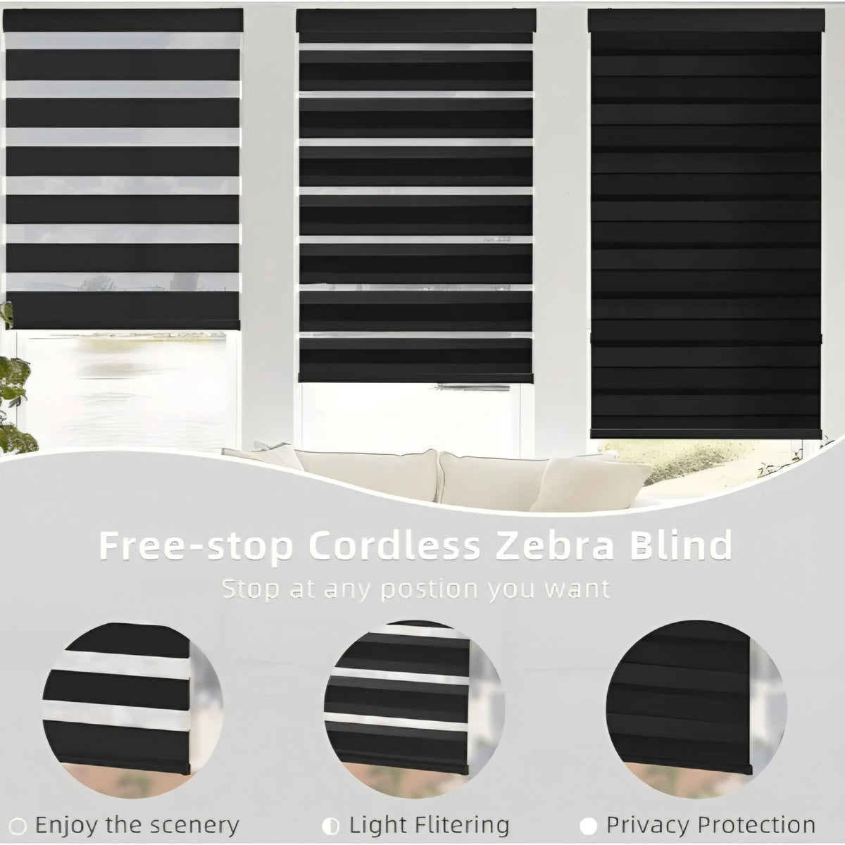 ChrisDowa Cordless Zebra Blinds for Windows (72" W x 72" H, Black)