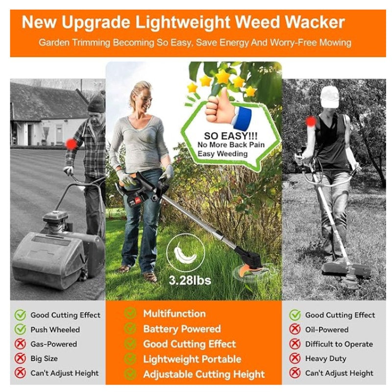 Weed Wacker Cordless,24v Electric Weed Eater Battery Powered, 3 in 1 Lightweight String Trimmer