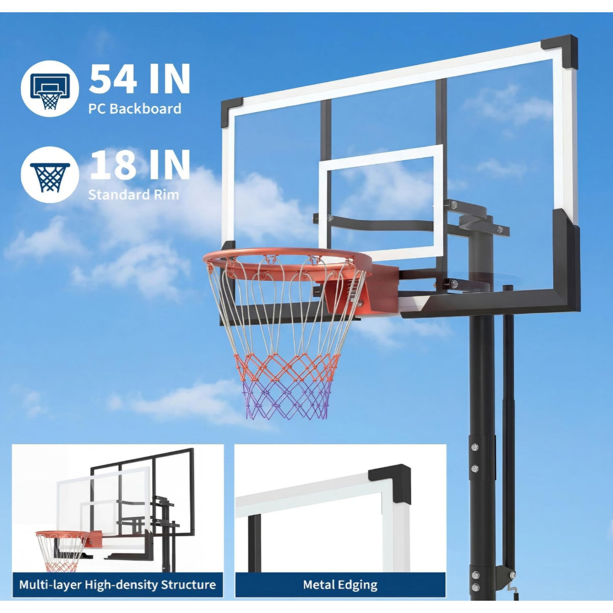 Garvee 54 Inch In Ground Basketball Hoop Outdoor 7.7-10FT Adjustable Height with Crank