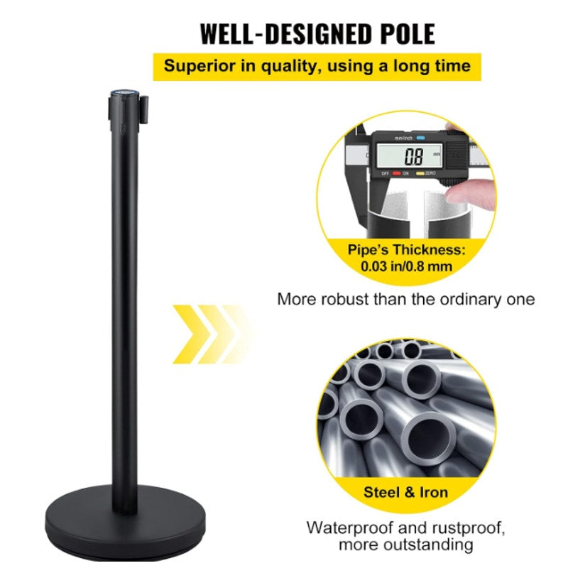 VEVOR Crowd Control Stanchion Set, Stanchion Set with 6.6 ft/2 m Black Retractable Belt
