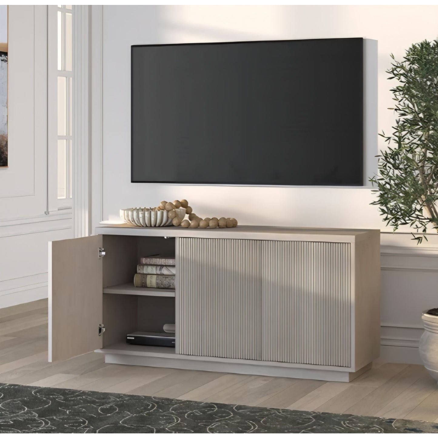 TV Stand for TVs up to 55" with 3 Swing Out Ribbed Doors and Adjustable Shelves for Living Room
