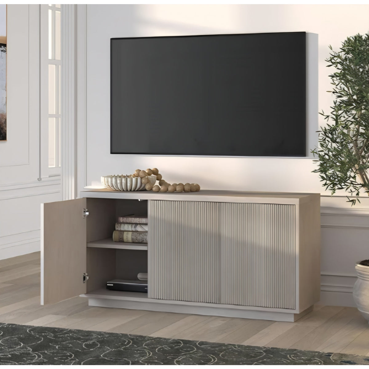 TV Stand for TVs up to 55" with 3 Swing Out Ribbed Doors and Adjustable Shelves for Living Room