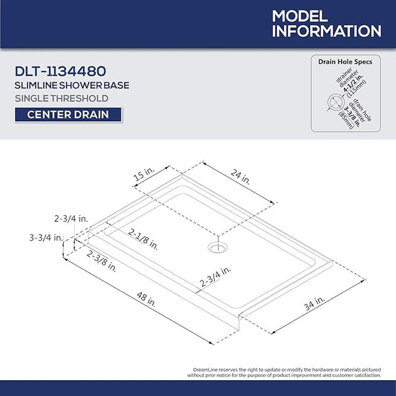 DreamLine SlimLine 34 in. D x 48 in. W x 2 3/4 in. H Center Drain Single Threshold Shower Base in Black, DLT-1134480-88