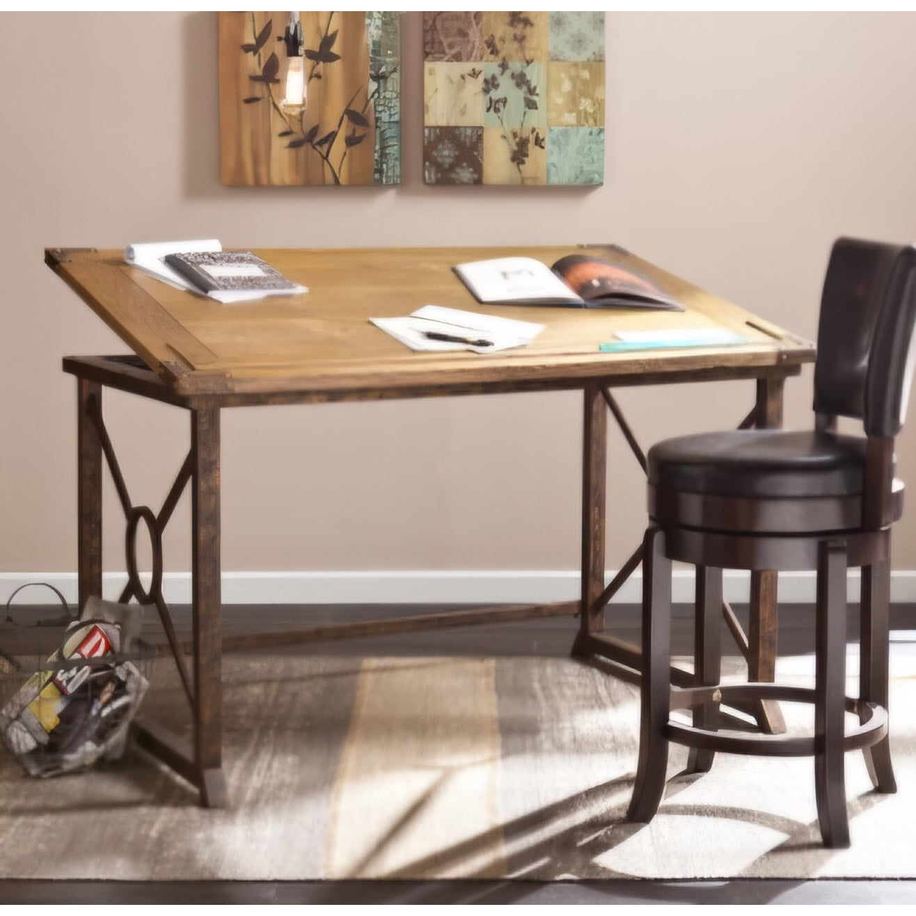 SEI FURNITURE Knightley Tilt Top Drafting Table - 51.5 inch Wide - Oak Wood Finish w/ Antique Brass