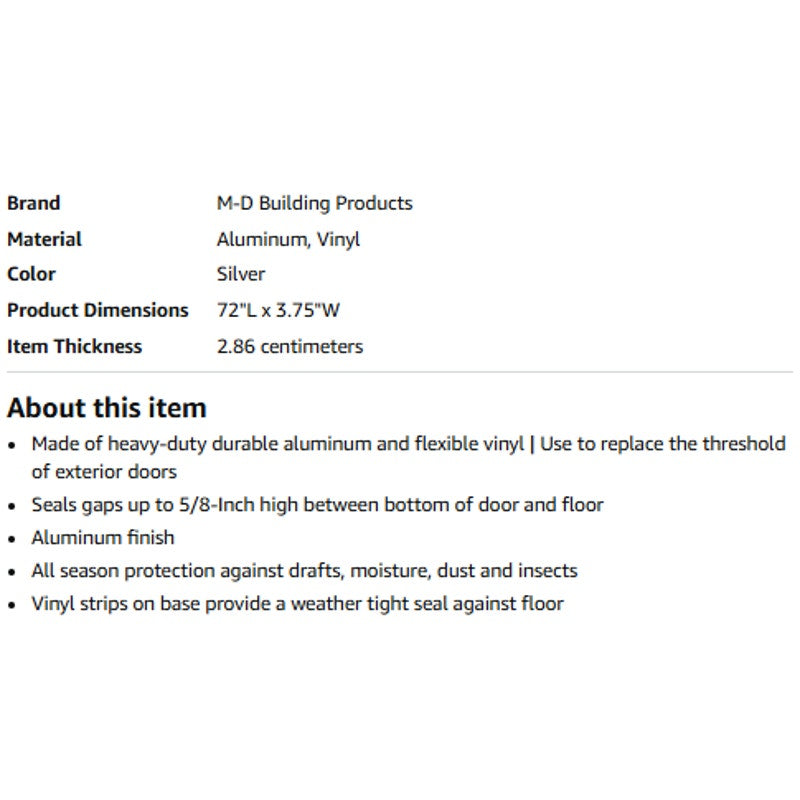 M-D Building High-Profile Threshold, Silver, 3-3/4in x 1-1/8in x 72in Vinyl Insert Seal