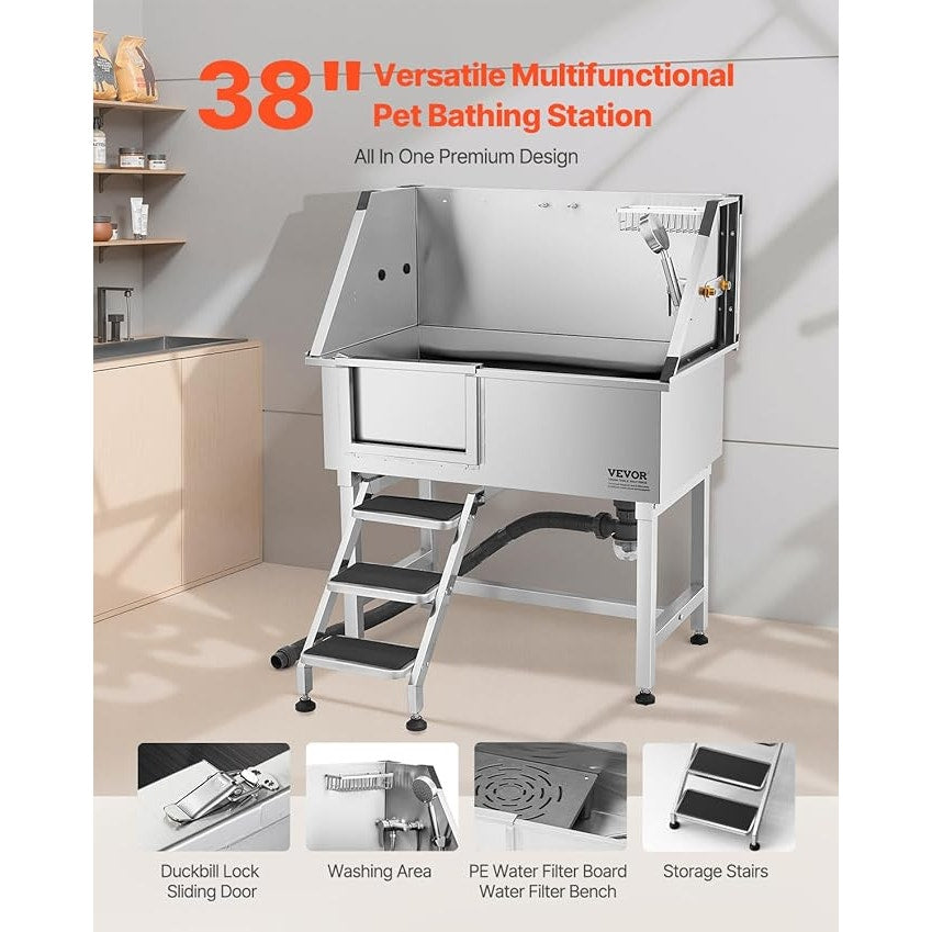 VEVOR 38 In Stainless Steel Dog Washing Station, Pet Grooming Tub with Hot & Cold Faucet, Showerhead