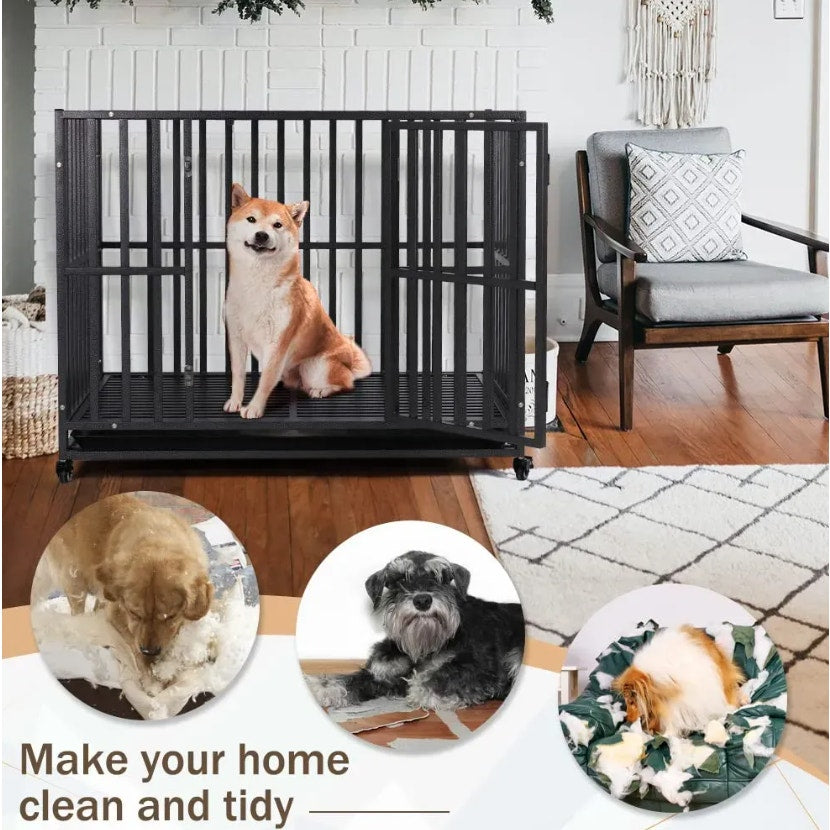 LUCKUP Heavy Duty Dog Cage - with 2 Doors and 4 Wheels