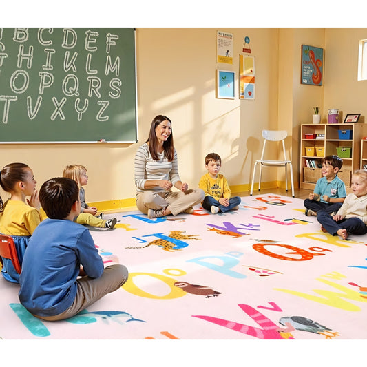 6x9 Pink ABC Kids Classroom Rug, Washable Alphabet Rug for Classroom Elementary School Learning