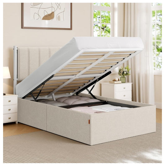 VASAGLE Lift Up Storage Bed Frame Twin Size, Hydraulic Platform Bed, Upholstered Headboard