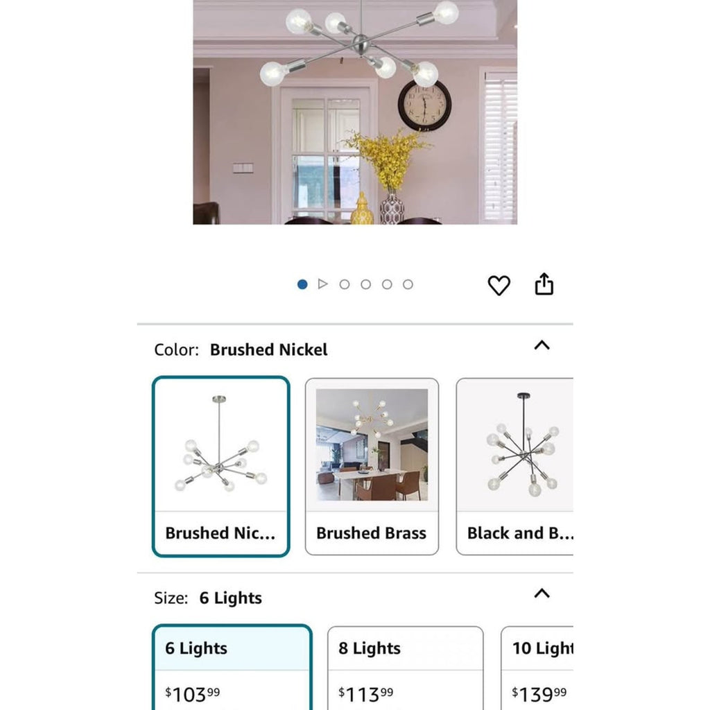 BONLICHT Sputnik Chandelier 6 Lights Modern Pendant Lighting Brushed Nickel Mid Century Flush Mount