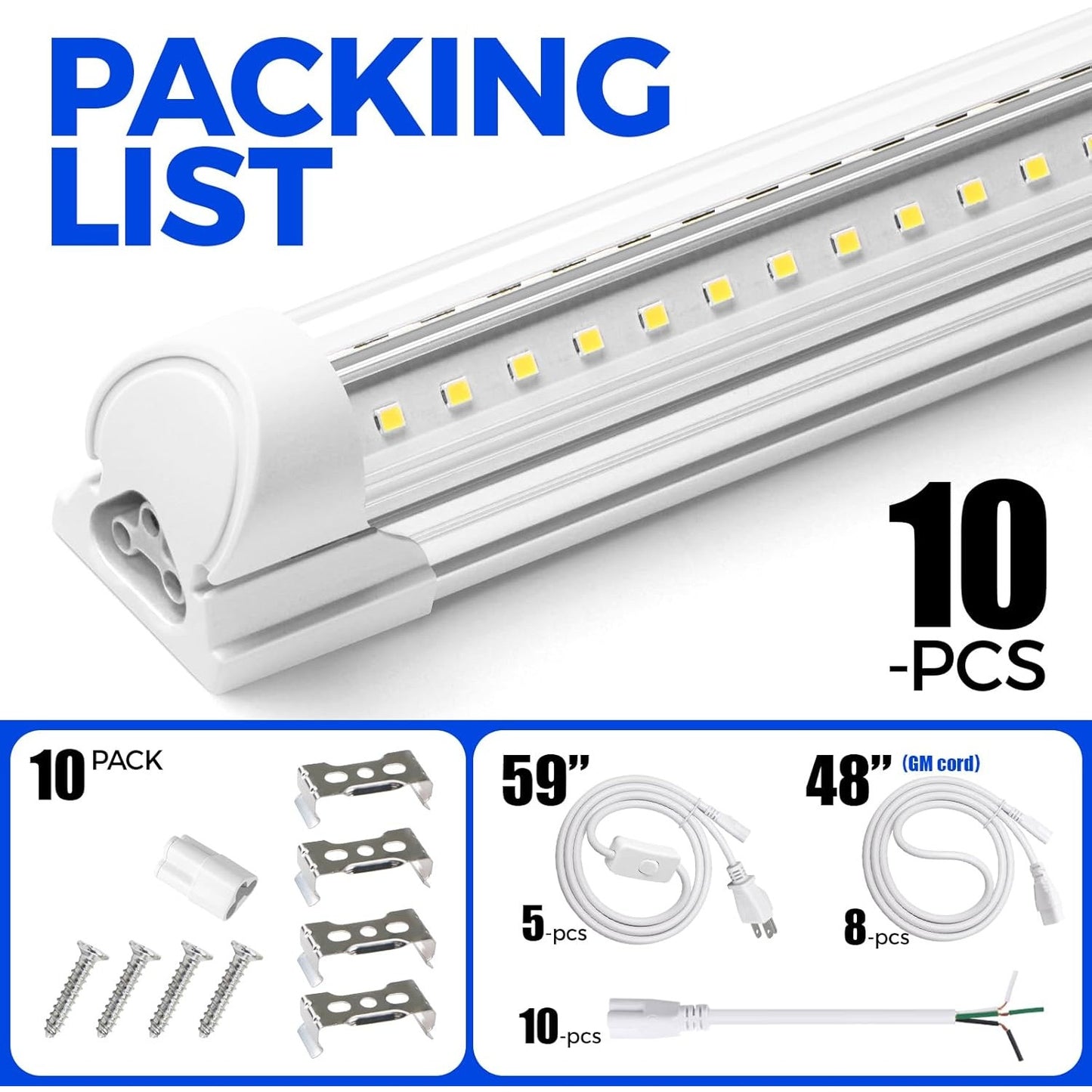 Barrina LED Shop Lights 8FT, 72W 10000LM 5000K, Daylight White, T8 LED Garage Lights, Plug, 10 Packs