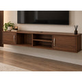 77" Modern Floating TV Stand with Cabinets & Open Shelves – Walnut Finish