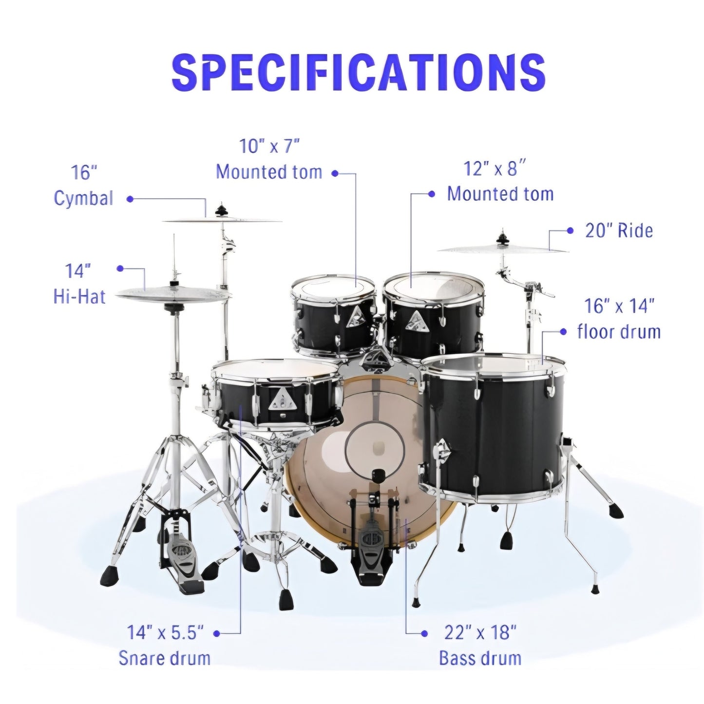 Donner Drum Set Adult with Practice Mute Pad,5-Piece 22 inch Full Size Acoustic Drum Kit, Black
