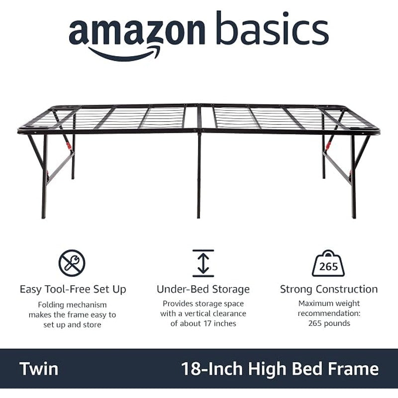 Amazon Basics Foldable Metal Platform Bed Frame, 18 In High, No Box Spring Needed, Twin Size, Black