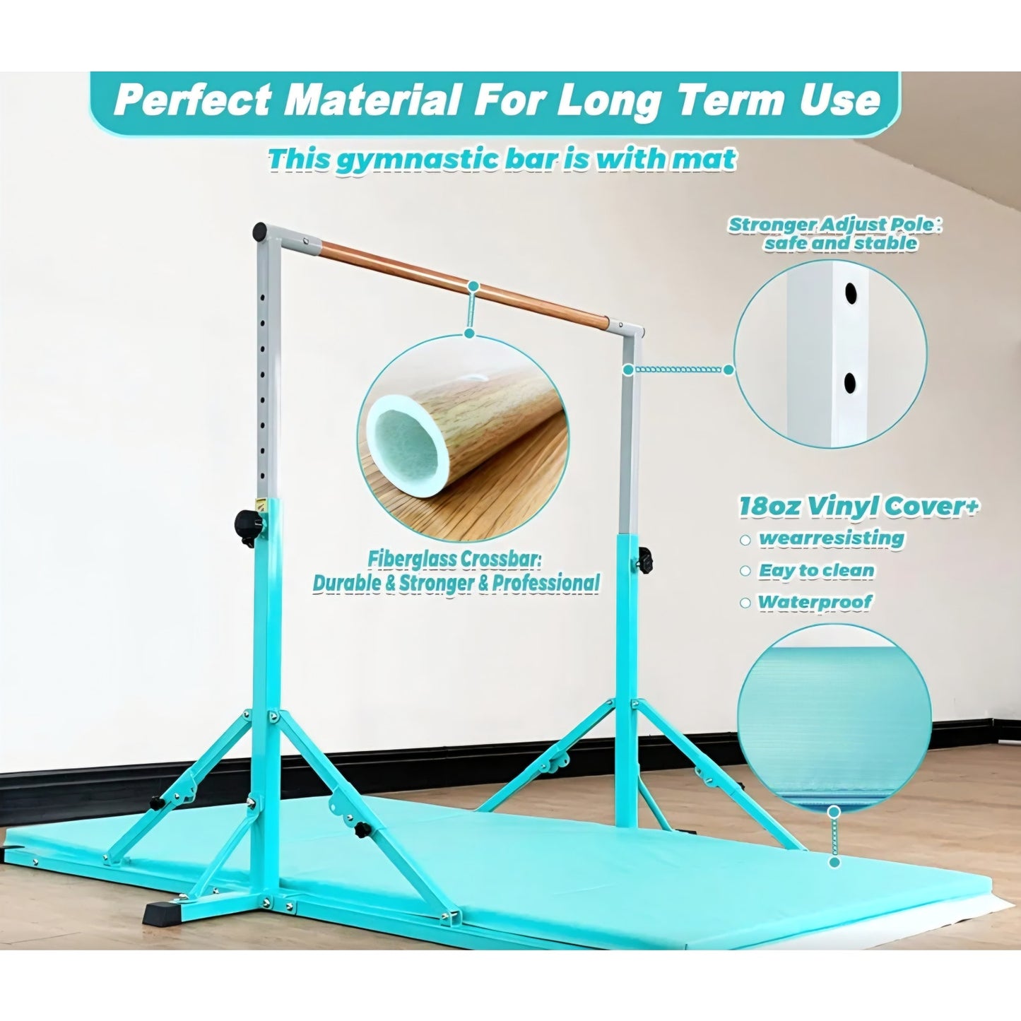 Gymnastic Bar for Kid and Teenage Ages 3-25, 5 FT / 6 FT Base Length, 5 FT / 6 FT Heigh