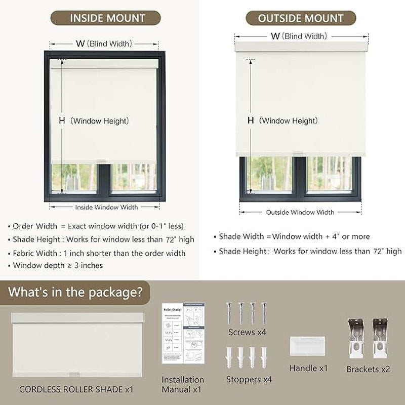 Cordless Blackout Roller Shades Blinds for Windows Free-Stop, Beige 62"Wx72" H