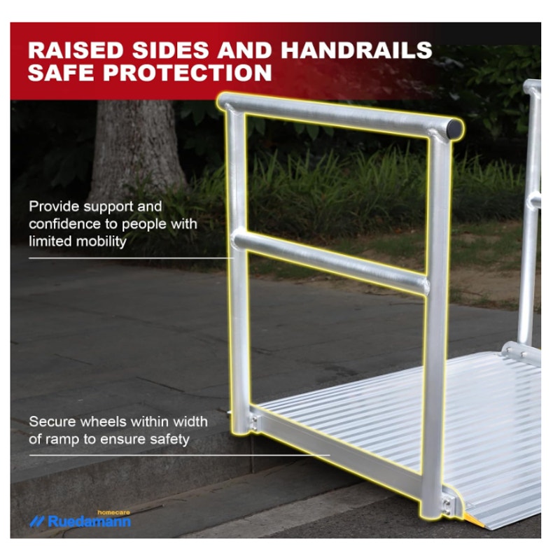 Ruedamann 36" Wide Aluminum Wheelchair Ramp with Handrails, Non-Slip Extra-Wide Platform