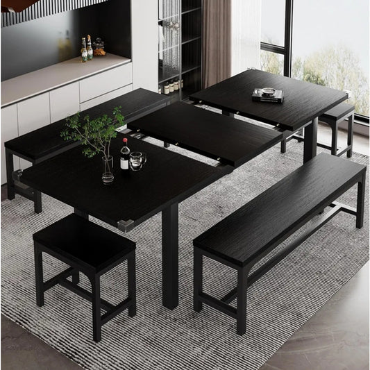 5-Piece Dining Table Set for 4-8 People, Extendable Kitchen Table Set with 2 Benches and 2 Square S