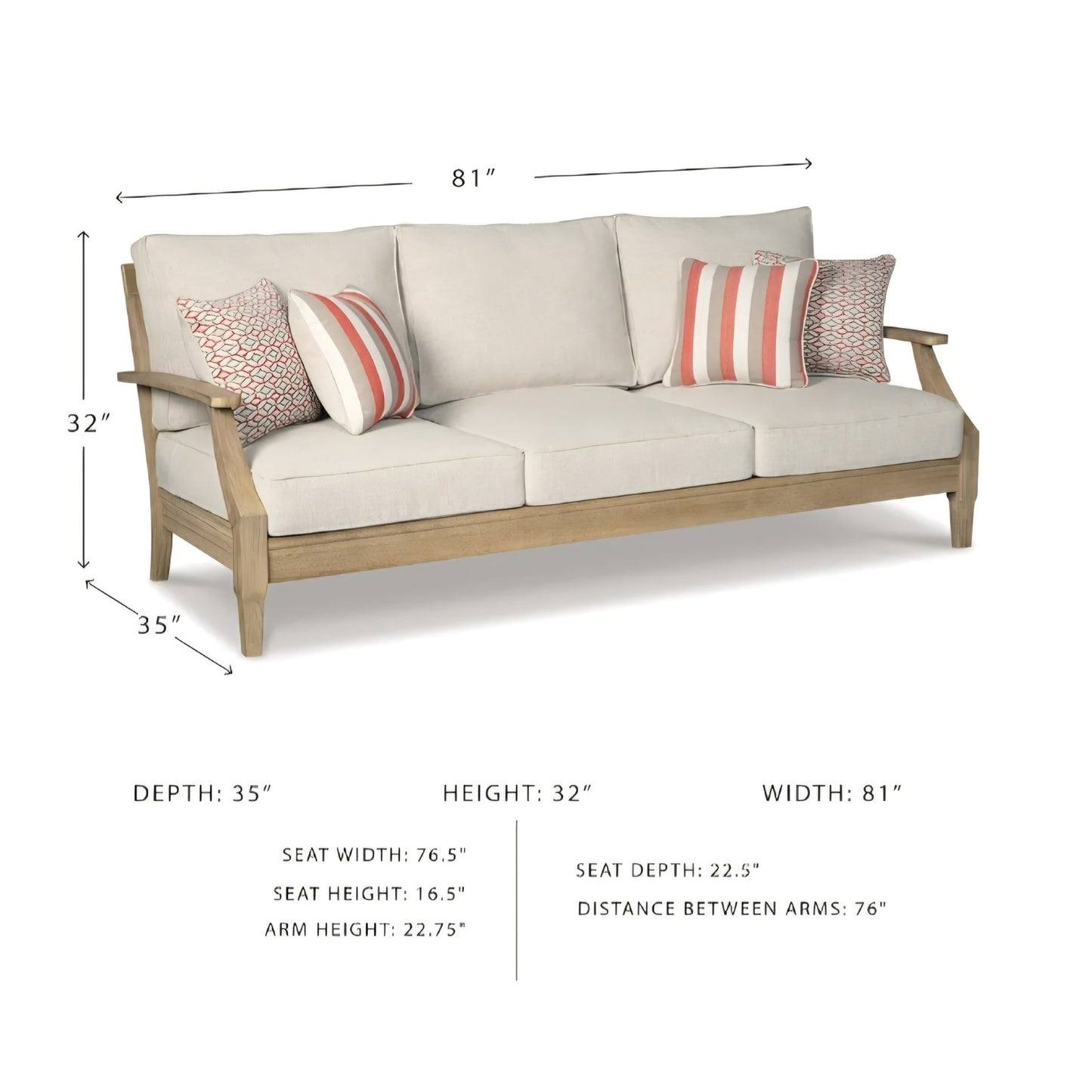 Signature Design by Ashley Clare View Coastal Outdoor Patio Eucalyptus Sofa with Cushions, Beige