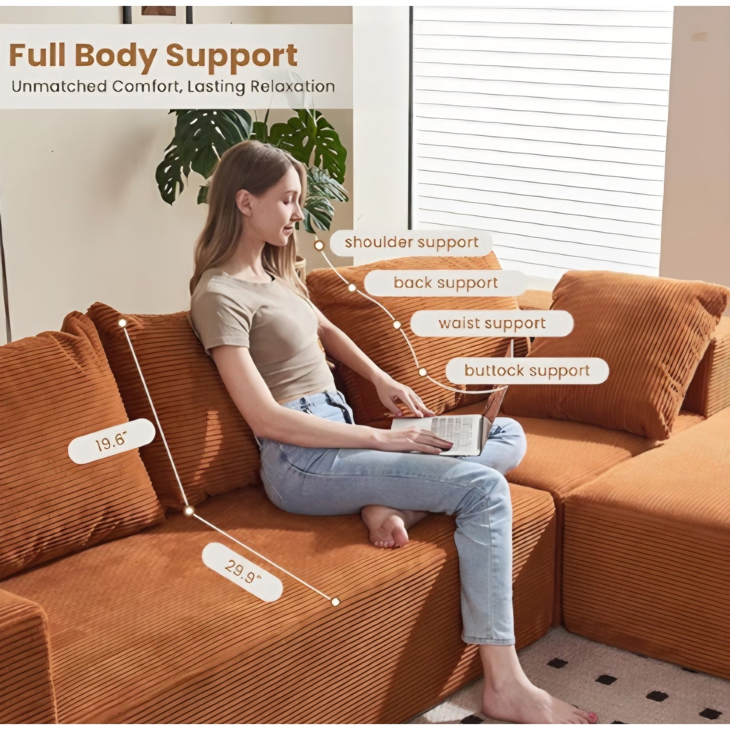 L-Shaped Boneless Couch, Modular Sectional Sofa with Moveable Ottoman