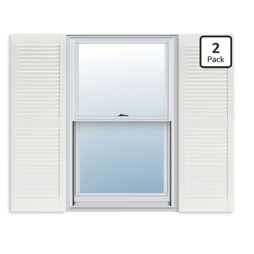 Exterior Solutions Standard Louver Exterior Vinyl Window Shutters, White (Pair), 15 Inch x 55 Inch