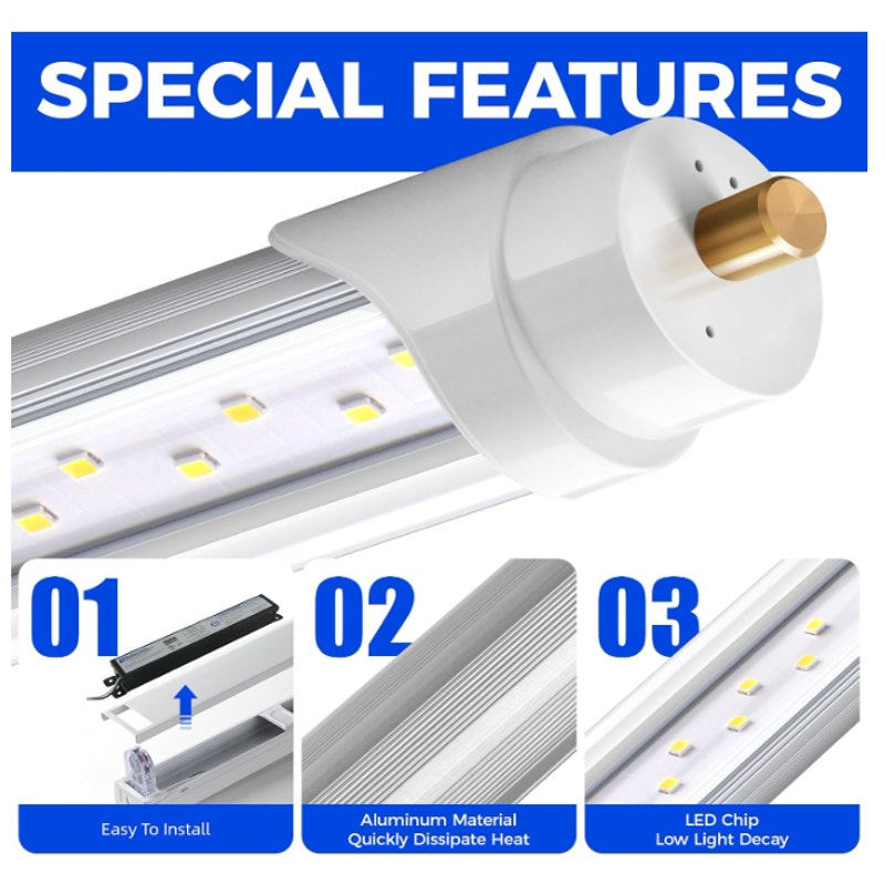 Barrina 8ft LED Bulb, 44W 5500LM 6500K, T8 T10 T12 LED Bulb, FA8 Single Pin Super Bright