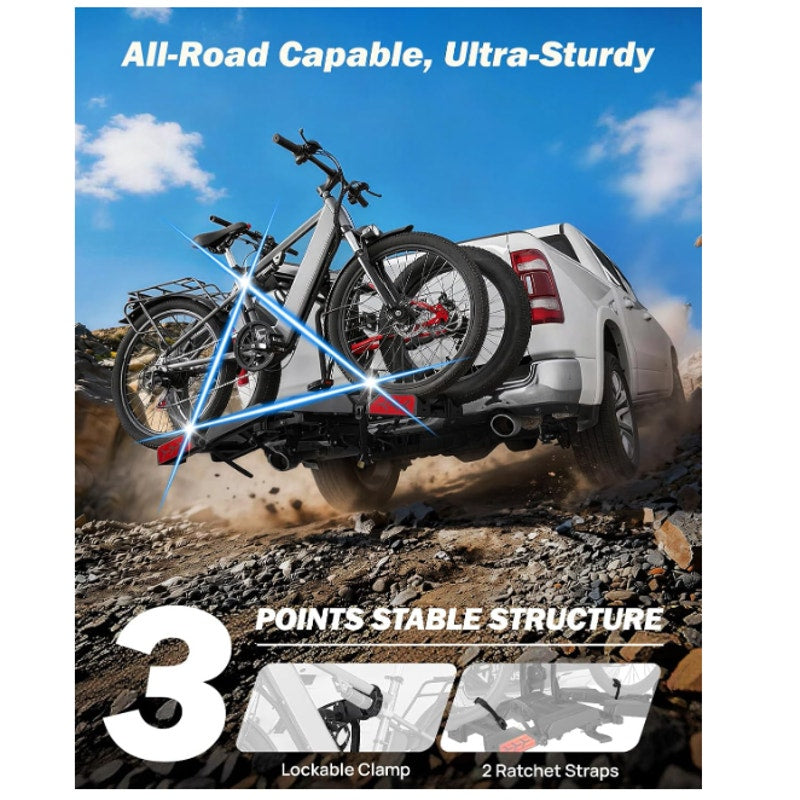 Hitch EBike Rack with Ramp for 2 E-Bikes, 200 LBS Capacity Electric Bike Rack for Cars SUVs Trucks