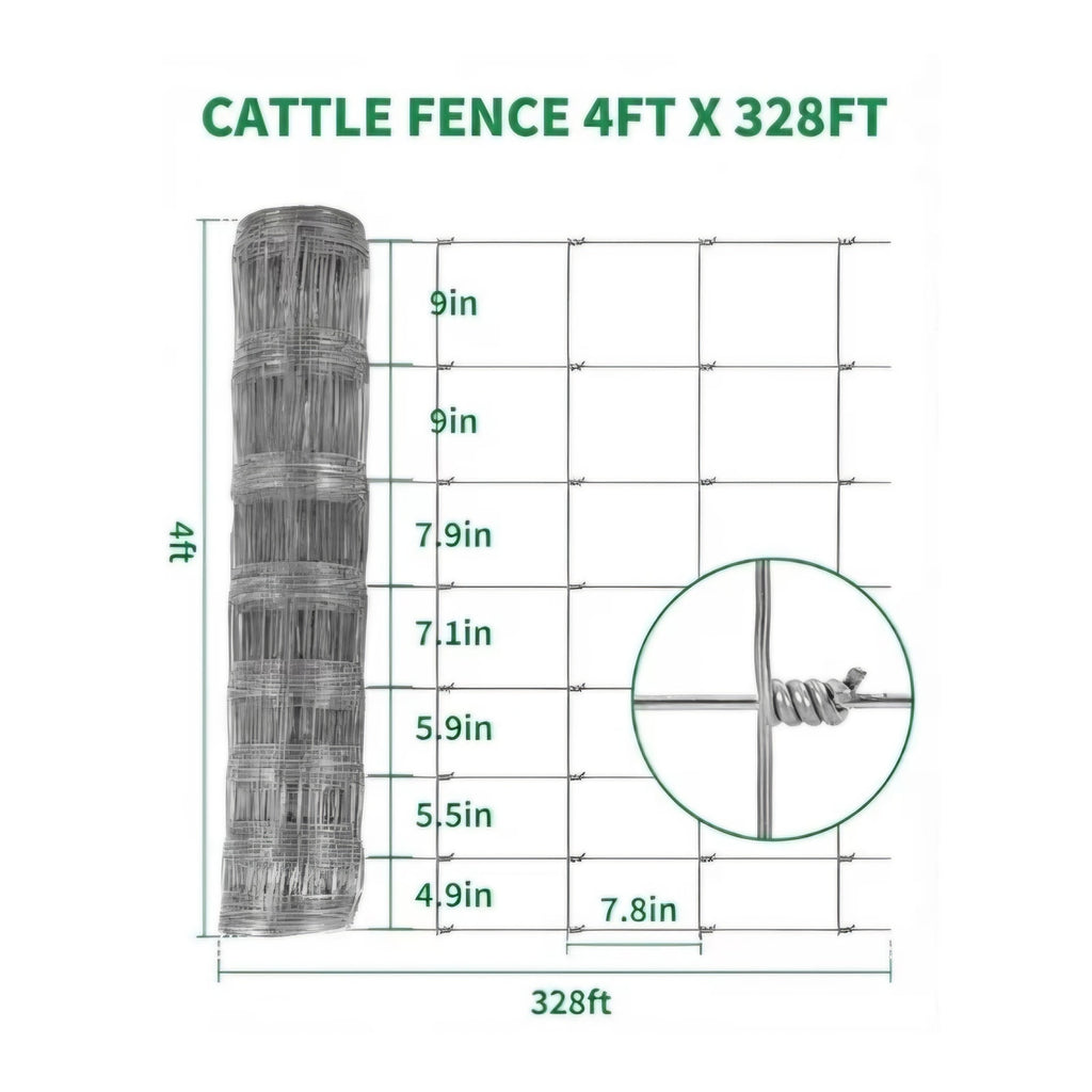Cattle Fence 4Ft x 328, 13 Gauge Galvanized Wire Fencing, Hinge Knot Woven Wire Fence
