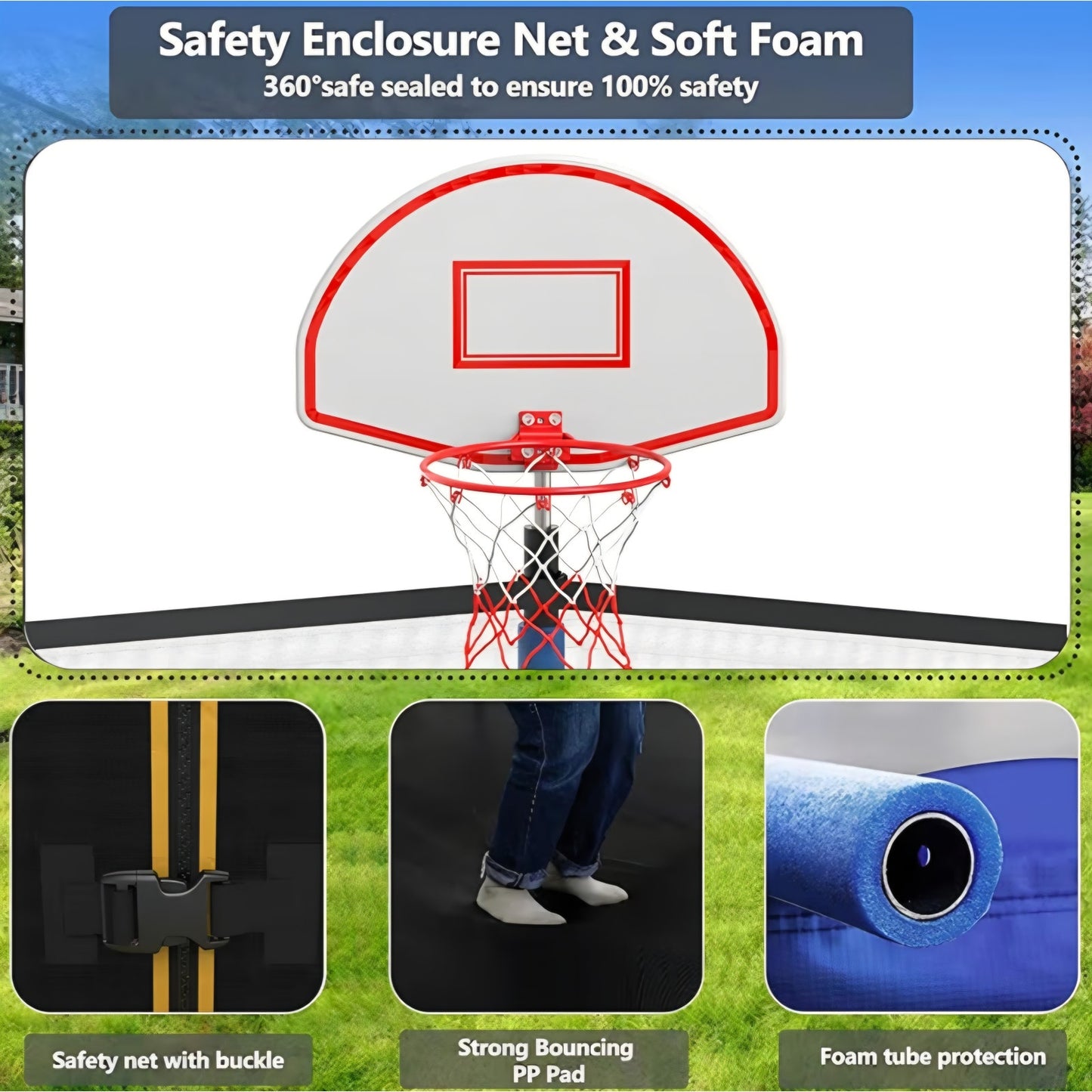 Lyromix Upgraded 12FT  Trampoline Outdoor with Basketball Hoop and Net, Capacity for 4-6 Kids