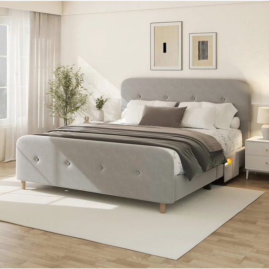 King Size Platform Bed Frame with Velvet Upholstered Headboard, Button Tufted Headboard
