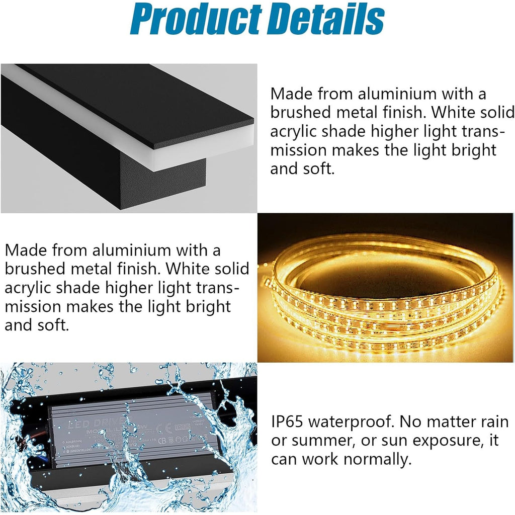 1 light 56.3inch Long Outdoor LED Wall Lights 45W Black 3000K WarmWhite Porch Lights Acrylic.