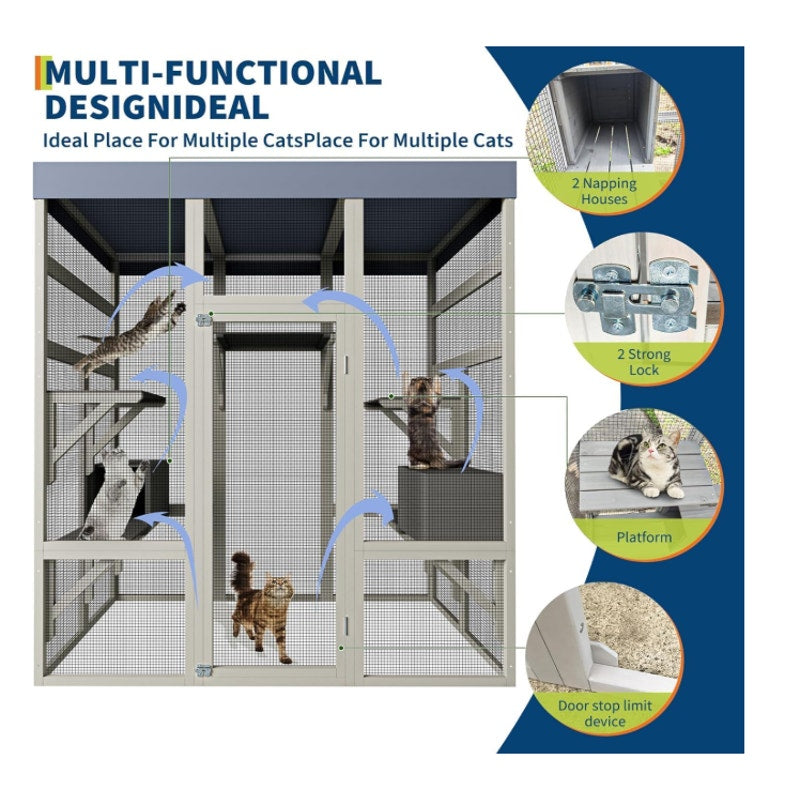 70" Large Outdoor Catio Cat Enclosure, Wood Cat Patio with Waterproof UV-Resistant Roof