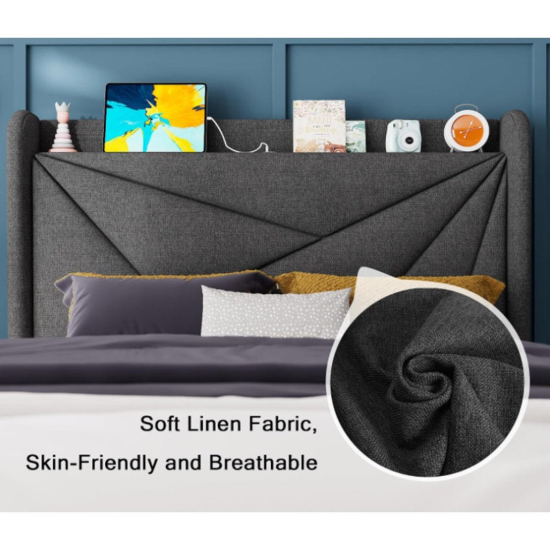Feonase Twin Size Bed Frame with Charging Station, Upholstered Linen Platform Bed Frame